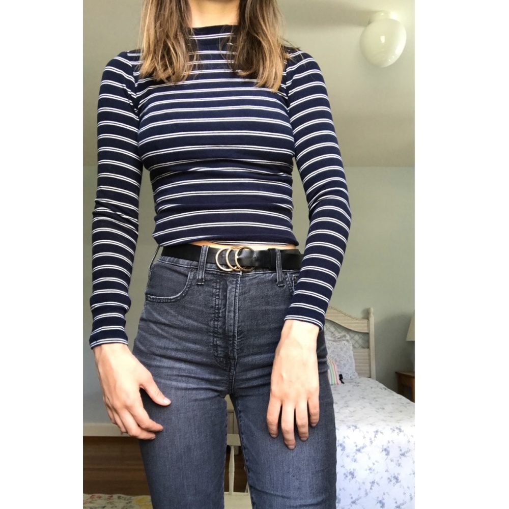 Navy Striped Long Sleeve Crop Top